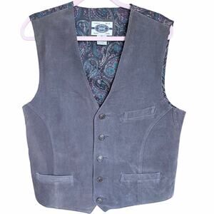 Vintage genuine suede leather gray button front vest paisley print back medium